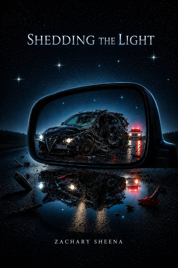 Cover of Shedding the Light by Zachary Sheena: a wrecked car reflected in a side mirror on a rain-slicked road at night, under a starry sky.